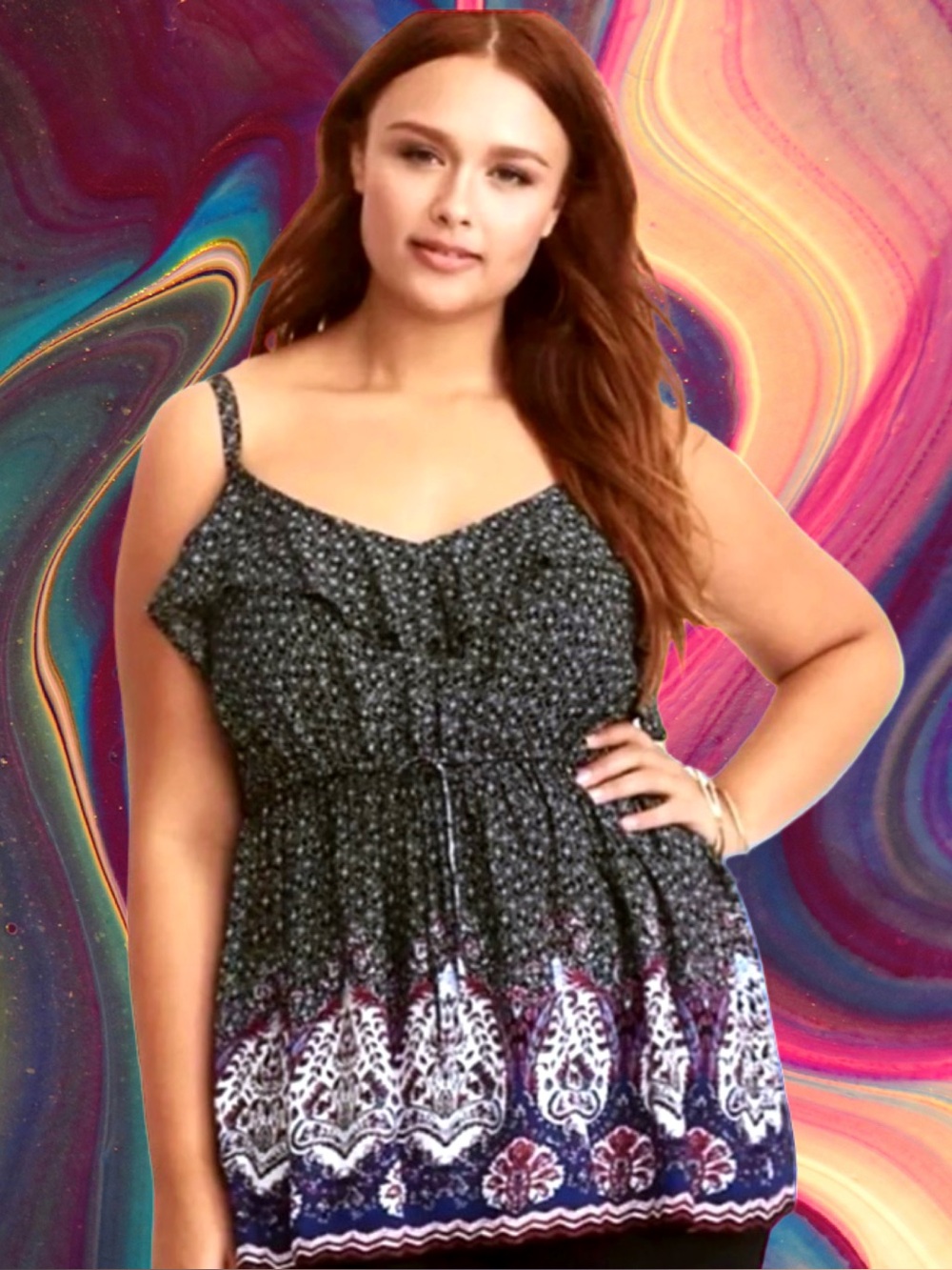 Torrid Women’s plus-size Black & Purple Patterned Spaghetti-Strap Tank Top💜💜3X